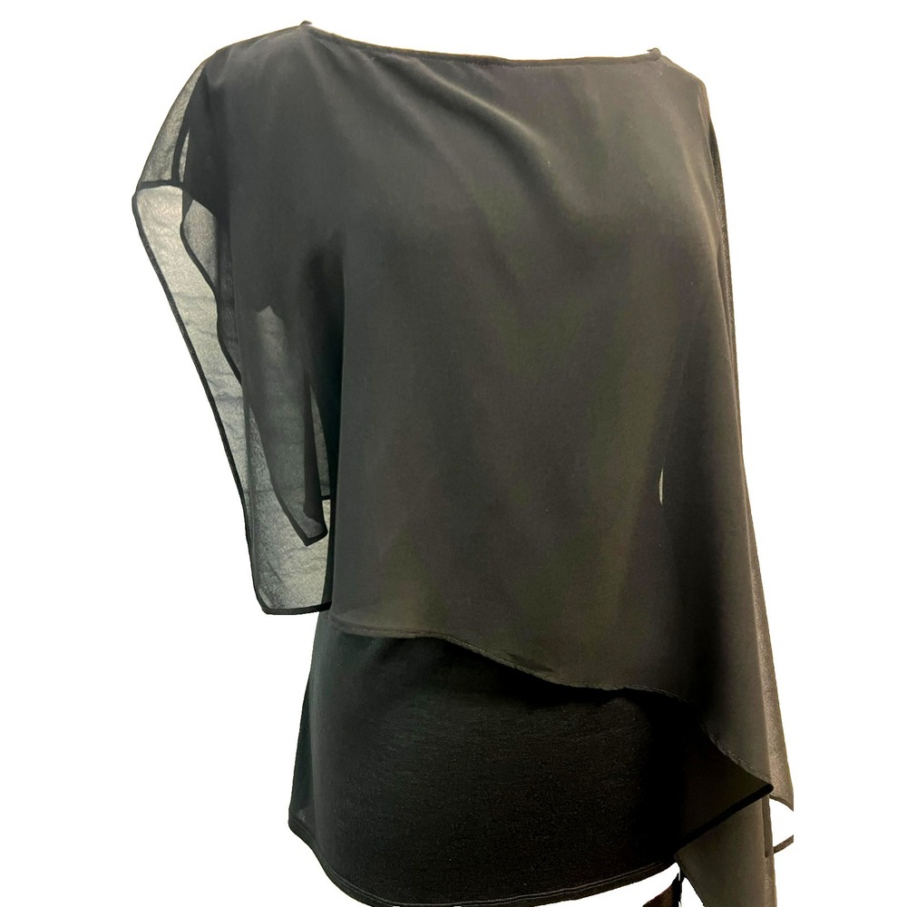 NWT Haute Hippie Asymmetric Hem Top Black Tee w/ Sheer Overlay SZ M - Picture 4 of 12
